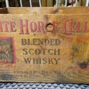 Photo of Vintage White Horse Cellar Scotch Whiskey Wooden Crate Box 16.5" x 12" x 9" in G