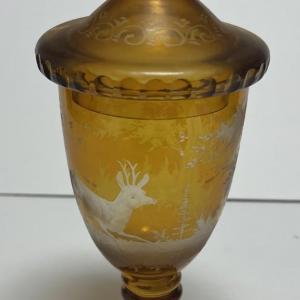 Photo of Antique Moser/Bohemian Style Art Glass Amber & Clear-Cut Covered Vase 9-3/4" Tal