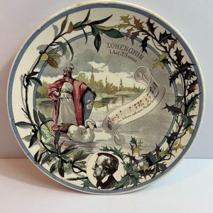 Photo of Antique French Sarreguemines Musical Theme Plate 8-3/4" "Lohengrin Act-1 Scene-2