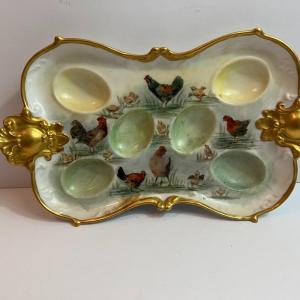 Photo of Antique A & K France Limoges c1900's Rooster Themed Deviled Egg Plate 9-1/2" x 6