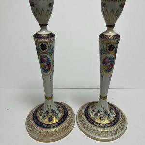 Photo of Antique Pair of Ovington Brothers Dresden 13-1/2" Porcelain Candle Holders in VG