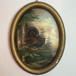 Photo of Antique Hand Painted Bird/Turkey on a Branch Artwork 7" x 5" as Pictured.