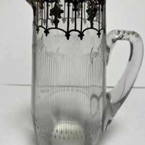 Photo of Antique Silver Overlay Early Etched Leaded Glass Pitcher 9-3/4" Tall in VG Preow