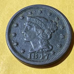 Photo of 1847 VERY FINE CONDITION BRAIDED HAIR LARGE CENT TYPE COIN AS PICTURED.