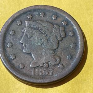 Photo of SCARCE LAST YEAR 1857 FINE CONDITION BRAIDED HAIR LARGE CENT TYPE COIN AS PICTUR