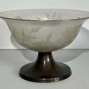 Photo of Antique Iridescent Steuben Verre De Soie Bowl 6" Wide w/Silver Monogrammed Lid a