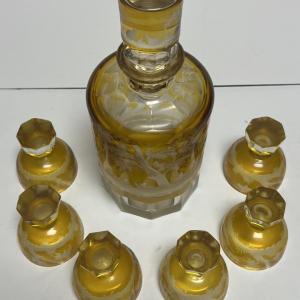 Photo of Antique Heavy Moser/Bohemian Style Art Glass Amber & Clear-Cut Decanter Set 10" 