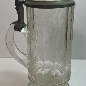 Photo of Antique Scarce Heavy Leaded Etched Glass Stein 8" Tall in Very Good Preowned Con