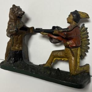 Photo of Antique J. & E. Stevens Cast Iron "Indian Shooting Bear" Mechanical Bank in VG P