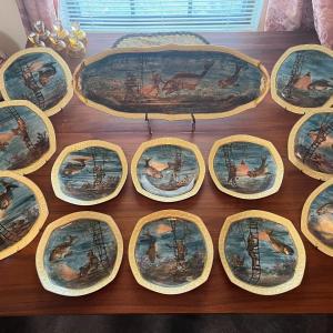 Photo of Antique Limoges Hand Painted Fish Platter w/Diver 24-1/2" Long & 12 Plates 9" in