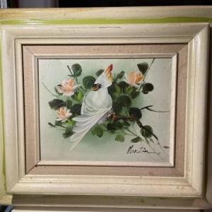Photo of Vintage Signed Martin Oil on Artist Board 15" x 17" Bird Scene in a Light Green 