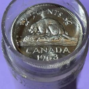Photo of CANADA 1963 CHOICE BU ROLL OF 40-COINS QUEEN ELIZABETH-II 5-CENT COINS as Pictur