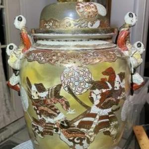 Photo of UNIQUE Japanese Satsuma Meiji Period Earthenware Footed Jar/Vase Samurai Warrior