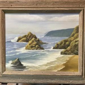 Photo of Vintage Oil on Artist Board Seascape c1960's by E. Hallett in a Home-Made Wooden