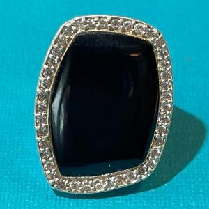 Photo of Vintage Sterling Silver Onyx Fashion CZ Ring Size-7 in Good Preowned Condition a