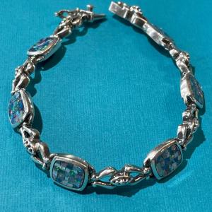 Photo of Vintage Sterling Silver Opalesque Colored Stones Fashion Tennis Bracelet 8" Long