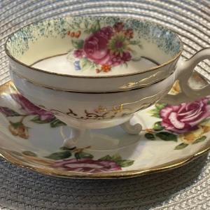 Photo of Vintage Royal Sealy China Japan “FLOWERS” Three Footed Teacup and Saucer Set