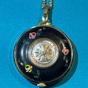 Photo of Vintage Mid-Century SHEFFIELD Pendant Watch Hand Painted on/26" Chain in VG Preo