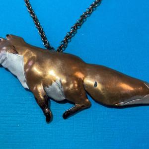 Photo of Vintage Hand Made & Painted Copper Coyote Pendant on a 25" Chain in Good Preowne