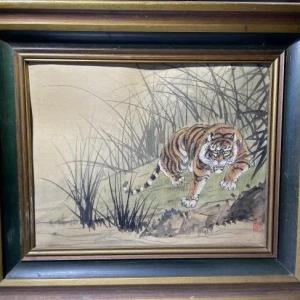 Photo of Vintage Asian Tiger Watercolor on a Silk Coated Painting Frame Size 11" x 13.25"