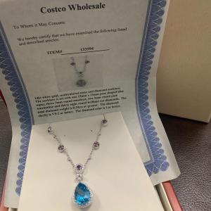 Photo of 14k White Gold / Pearl Shape Blue Sapphire Necklace w/ Color Stones & Diamond