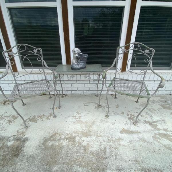 Photo of Set of Three Patio Furniture Lot, Two Chairs and Small Table