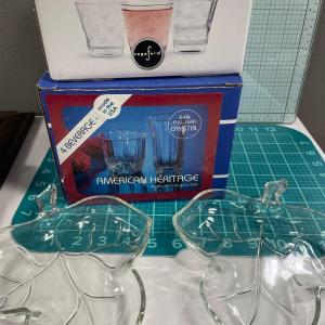 Photo of Vintage drinking glasses in box & 2 leaf dishes