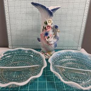 Photo of Moonstone opalescent divided dishes & swan vase