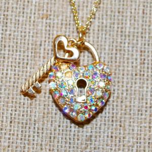 Photo of Beautiful Iridescent Stones Heart & Key PENDANT (1" x ¾") on an Adjustable Gold
