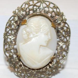Photo of Beautiful Vintage White Cameo Oval Pin with Filigree Style Surround 1 ½" x 1 ¼