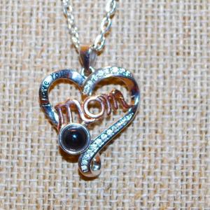 Photo of "Mom Love You" Heart .925 Silver PENDANT (1" x ¾') on a Silver Tone Necklace Ch