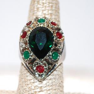 Photo of Size 8¼ Large Colorful Teardrop Shaped Ring with Red & Green Stone Surround and