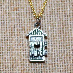 Photo of Silver "Outhouse" PENDANT (¾" x ¼") on a Gold Tone Adjustable Necklace Chain 1