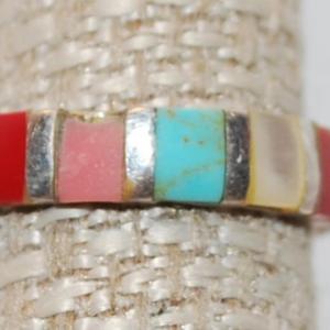 Photo of Size 5¾ STERLING SILVER Ring with Coral, Green, Red, Blue, Mother-of-Pearl Inla