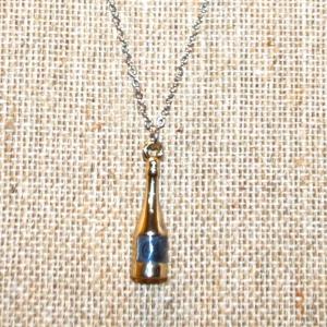 Photo of Gold Champagne Bottle PENDANT (1") with Onyx Style Inlay on Silver Tone Necklace
