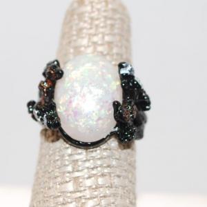 Photo of Size 7 ¼ Silver Plated .925 Flowered Black Band with Oval Fire Opal (7.2g)