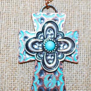 Photo of Turquoise Styled Hammered Cross PENDANT (2¼" x 1½") on a Rose Gold Necklace Ch