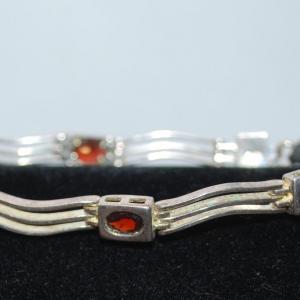 Photo of STERLING SILVER Wavy Bracelet with 5 Faceted Bezel Garnet Stones 6 ½" L