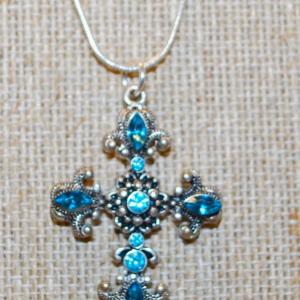 Photo of Fleur-de-Lis Blue Stones Cross PENDANT (1¾" X 1") on a .925 Silver Chain 18" L