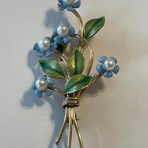 Photo of Vintage Krementz Gold Filled Enameled Pearl Bouquet Brooch 2" Tall in VG Preowne