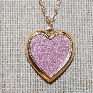 Photo of Pink Glitter Heart Locket PENDANT (1" x 1") on a Rose Gold necklace Chain 18" L