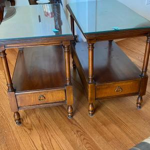 Photo of Antique Pair of Two-Tiered End Tables with One Drawer