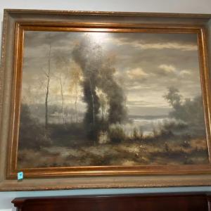 Photo of Large Framed Forest Landscape Oil on Canvas, Signed John K.