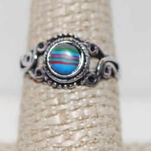 Photo of Size 8¼ Calsilica .925 Silver Plated Cool Colored Striped Blue Stone Ring (2.4g