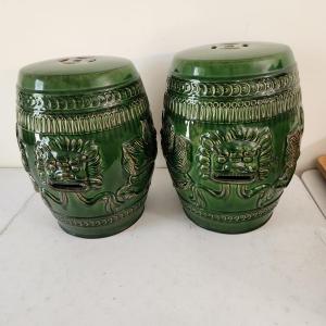 Photo of Pair Green Ceramic Chinese Dragon Stools 18" tall