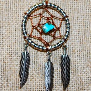 Photo of Tribal Style Metal Feather & Blue Turquoise Stone PENDANT (2½" x 1¼") on a Sil