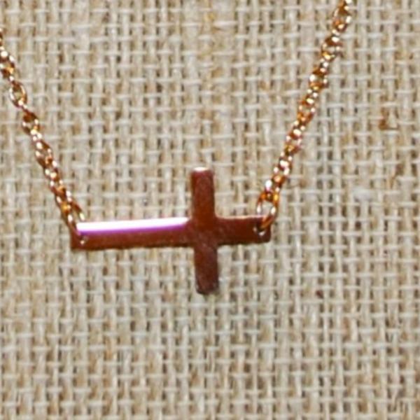 Photo of Sideways Gold Tone Cross (¾" x ½") on a Rose Gold Necklace Chain 16" L