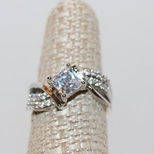 Photo of Size 7 ½ Angled Princess Cut Clear Center Stone with Double Accent Stone Bands 
