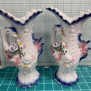 Photo of Pair of vintage swan porcelain vases