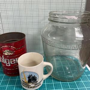Photo of Vintage jar, Folgers can and ND mug